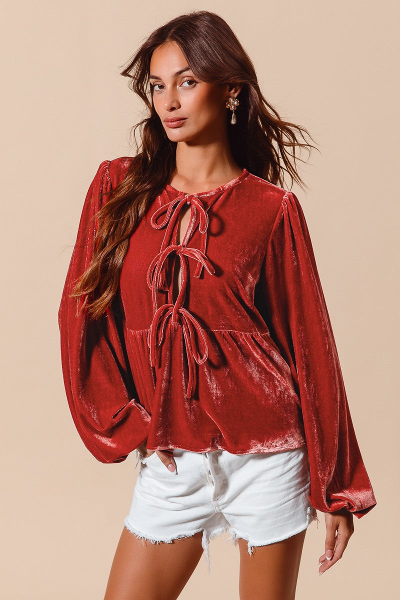 Front Tie Velvet Blouse