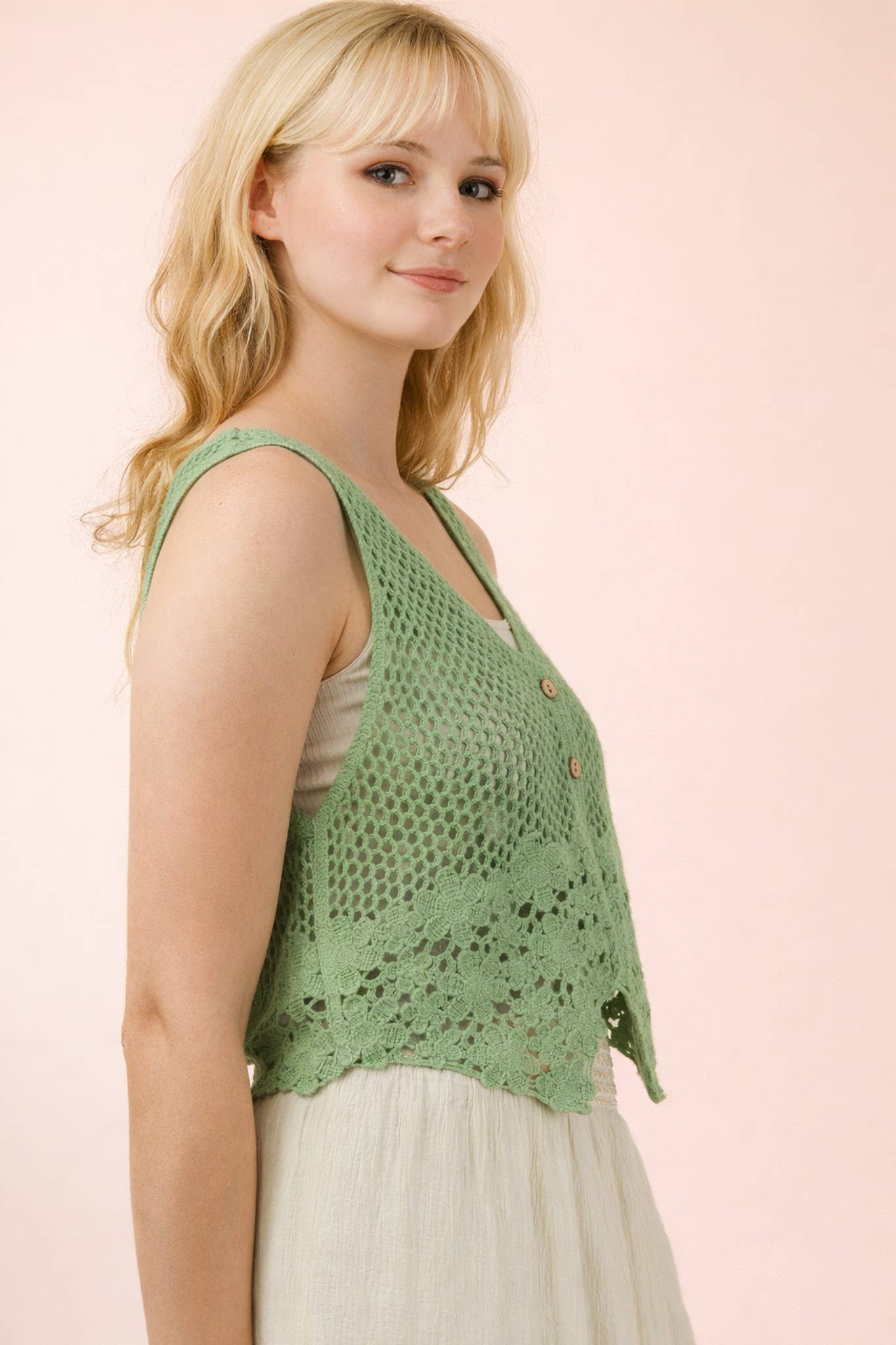 Crochet Knit Vest w/ Floral Hem