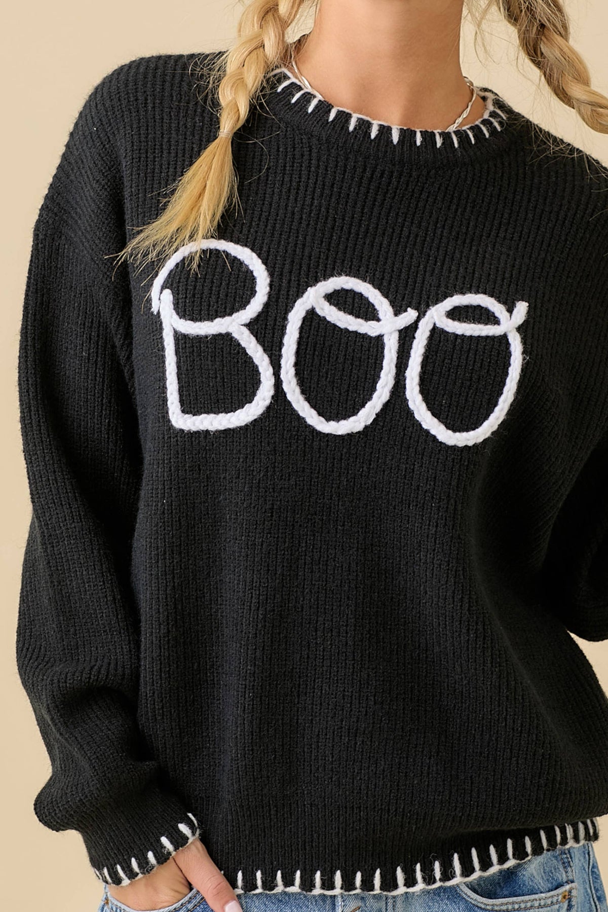 BOO Embroidered Halloween Knit Sweater