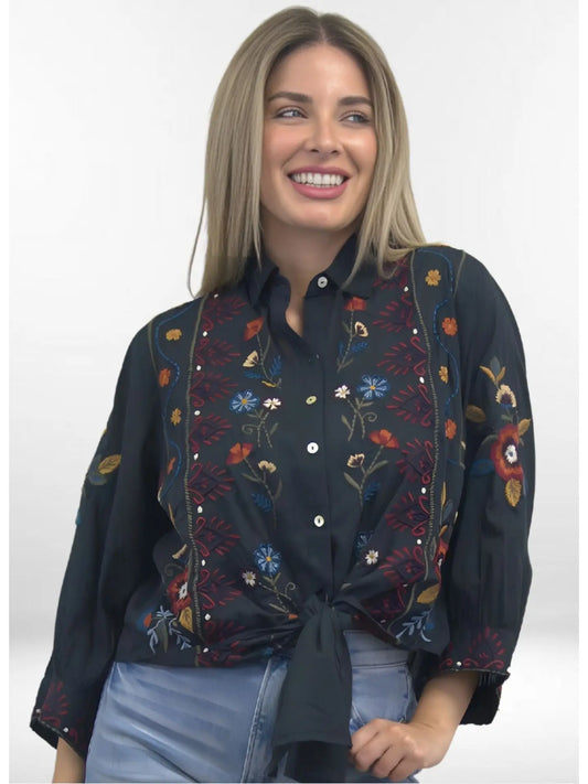 Jules Blouse | Tissue Cotton Tie Front Embroidered Top