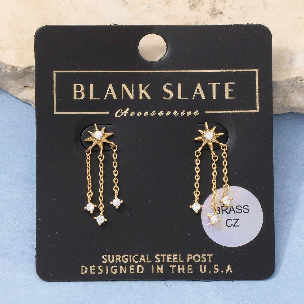 Starburst Cz Stud Triple Chain Drop Earrings