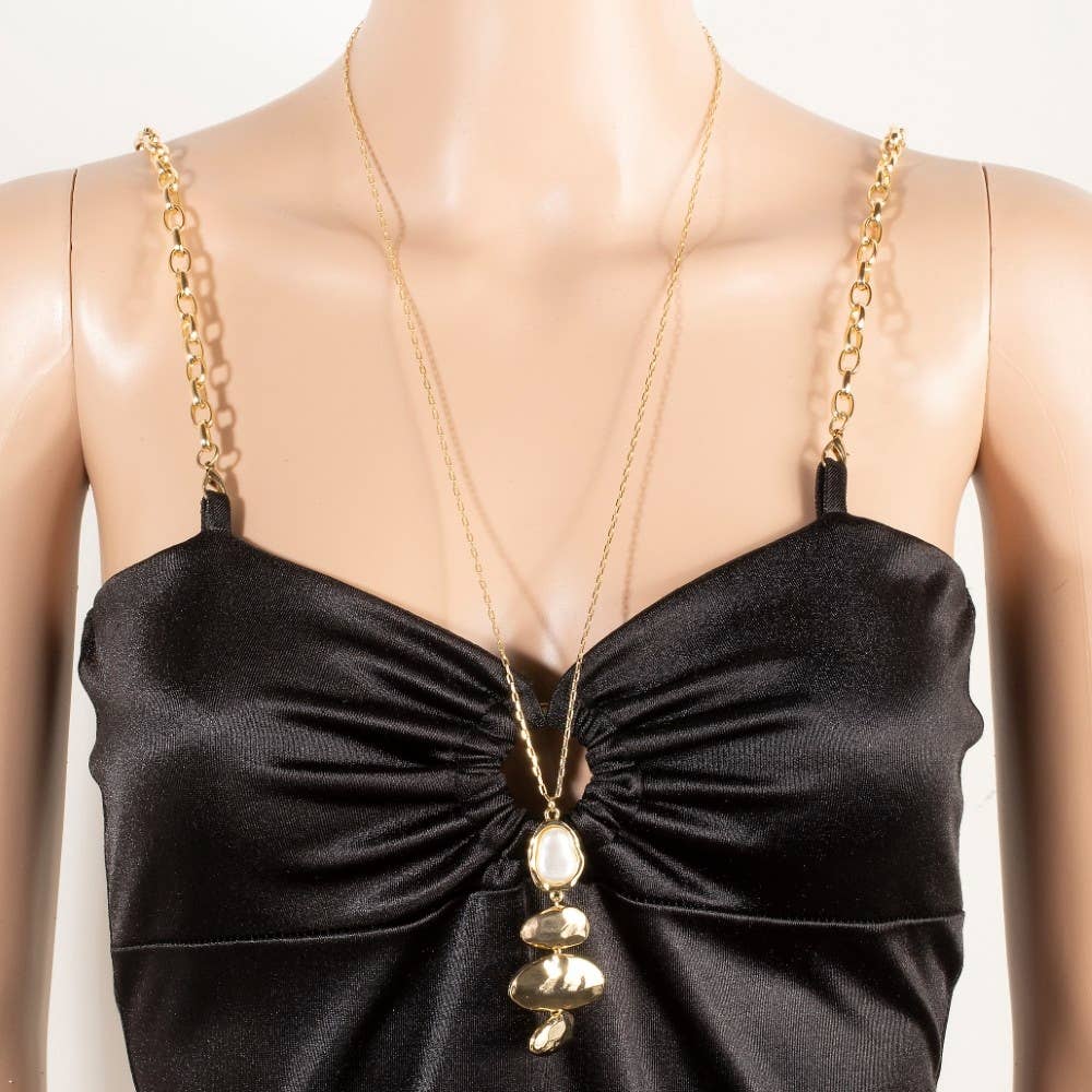 Tiered Metallic And Pearl Ovals Pendant Long Chain Necklace
