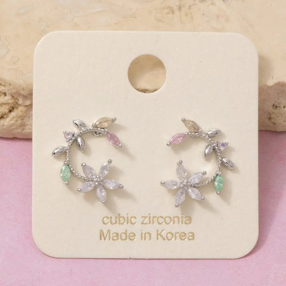 Gold Dipped Cz Leaf Flower Circle Stud Earrings