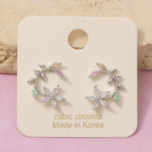 Cz Leaf Flower Circle Stud Earrings