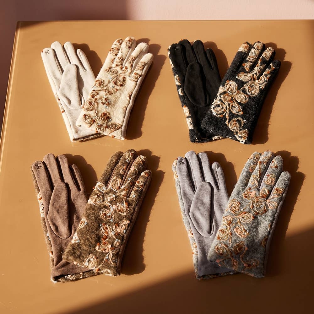 Rosette Embroidered Knit Touchscreen Gloves