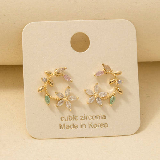 Gold Dipped Cz Leaf Flower Circle Stud Earrings