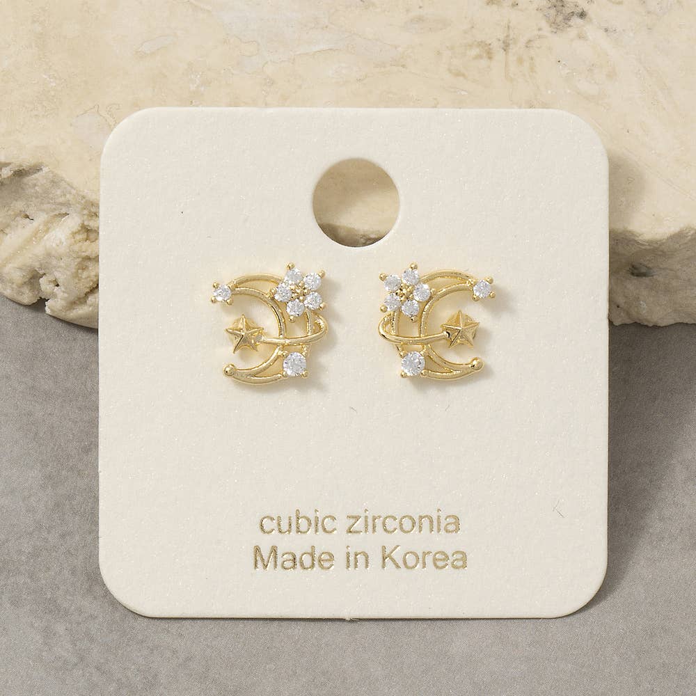 Gold Cz Moon Cluster Stud Earrings