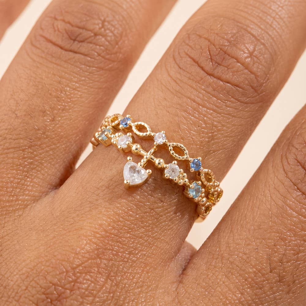 Cz Double Band Heart Charm Ring