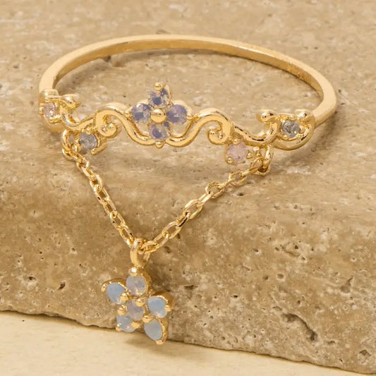 Gold Dipped Cz Flower with Chain Ring