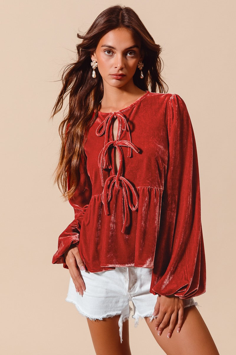 Front Tie Velvet Blouse