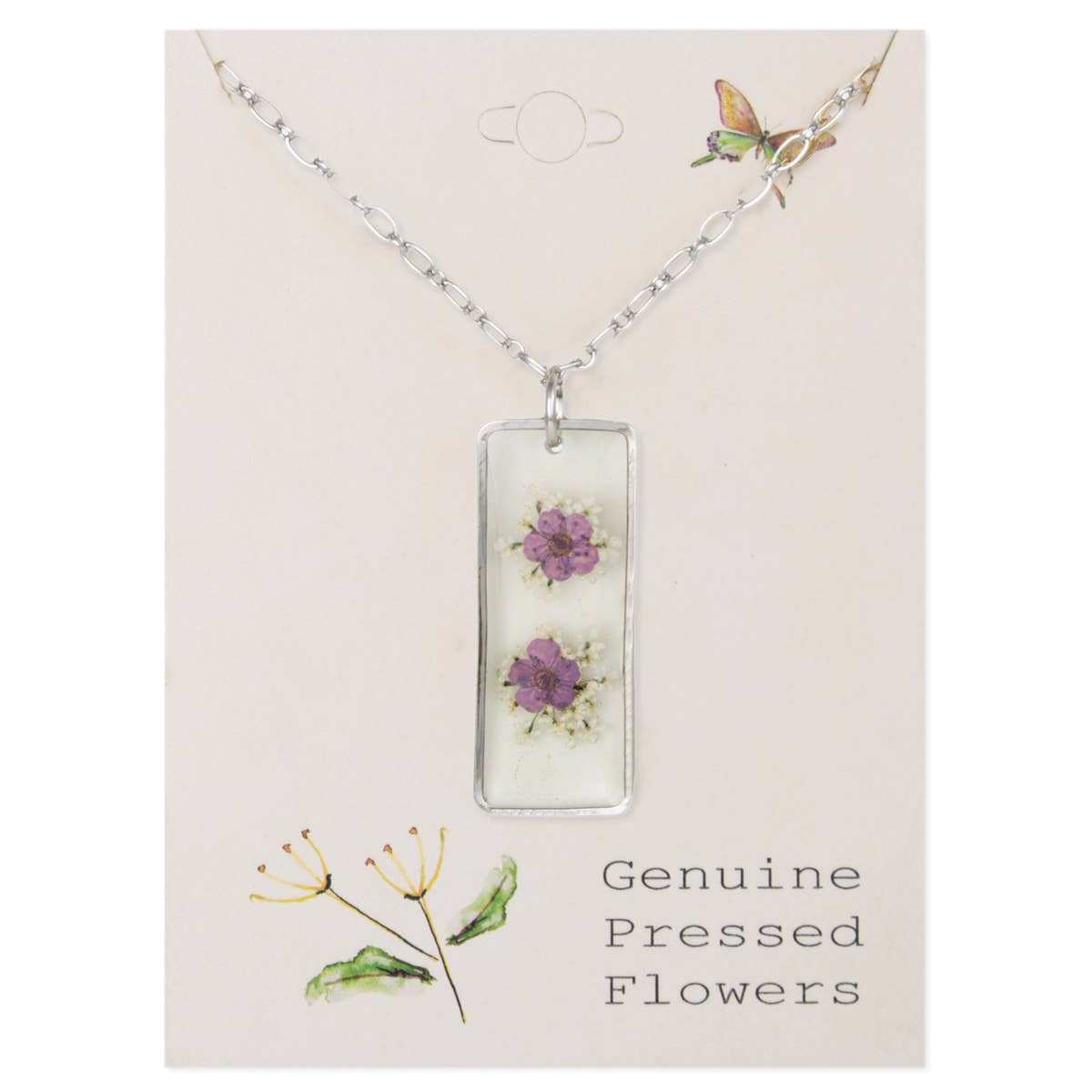 Purple Silver Bar Dried Flower Necklace