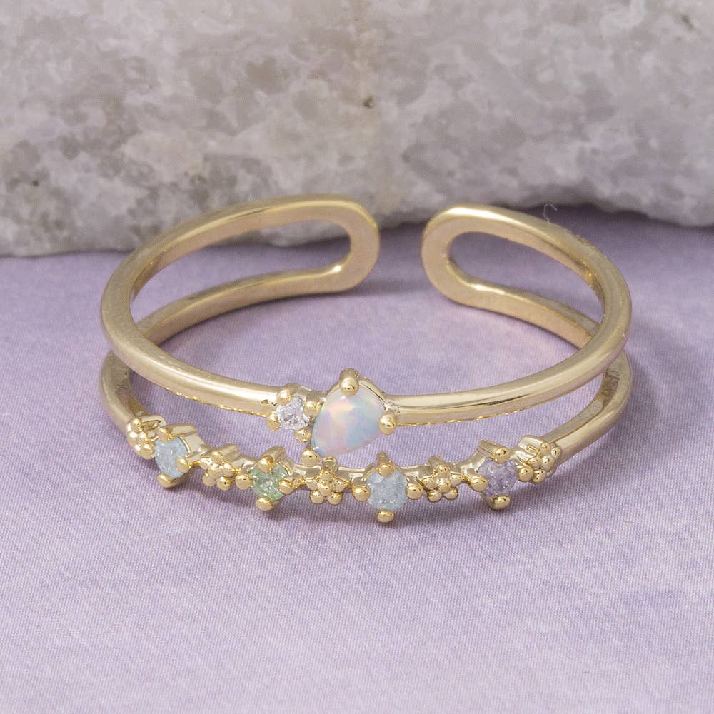Cz Multi Color Stone Open Double Band Cuff Ring