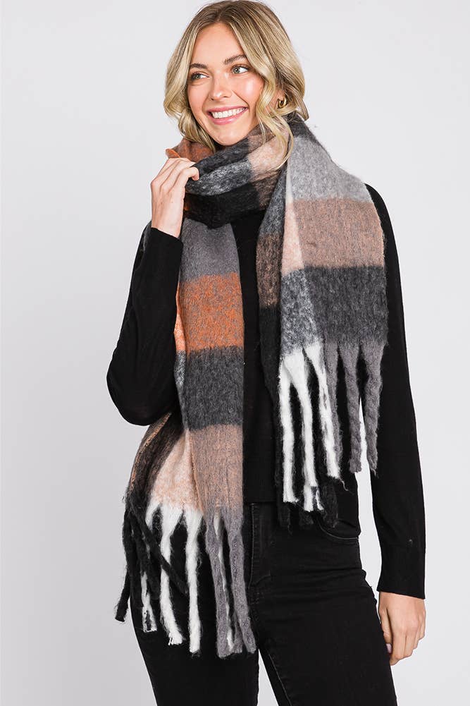 Brushed Multi Color Plaid Fringe Winter Scarf