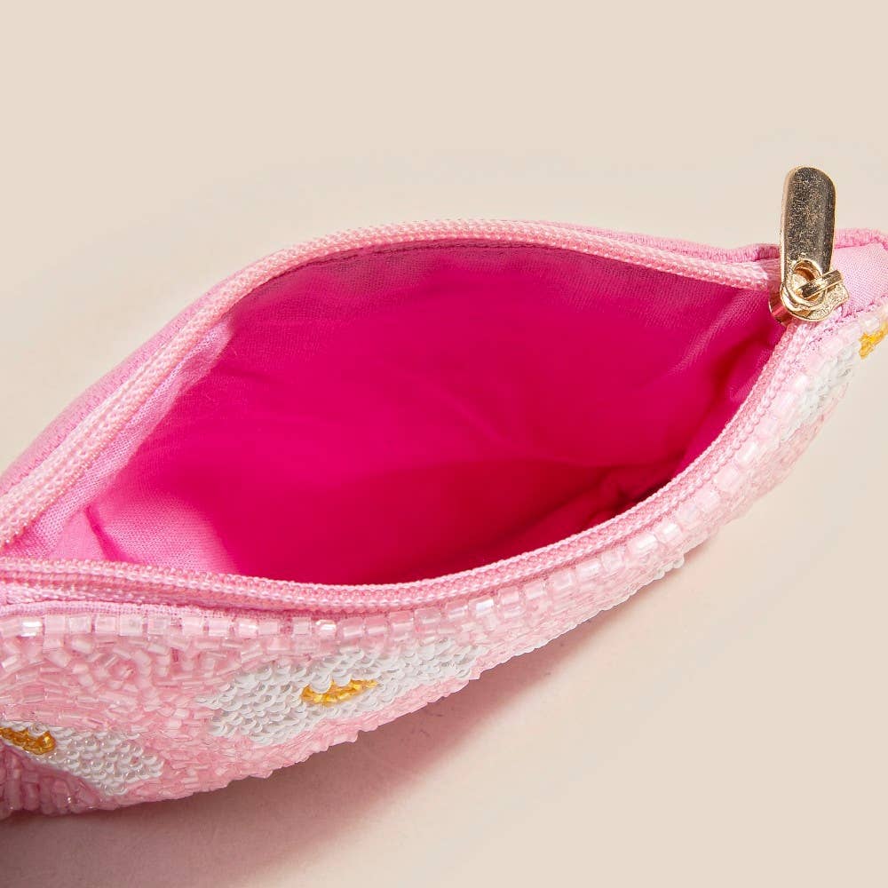 Pink Daisy Seed Beaded Coin Purse