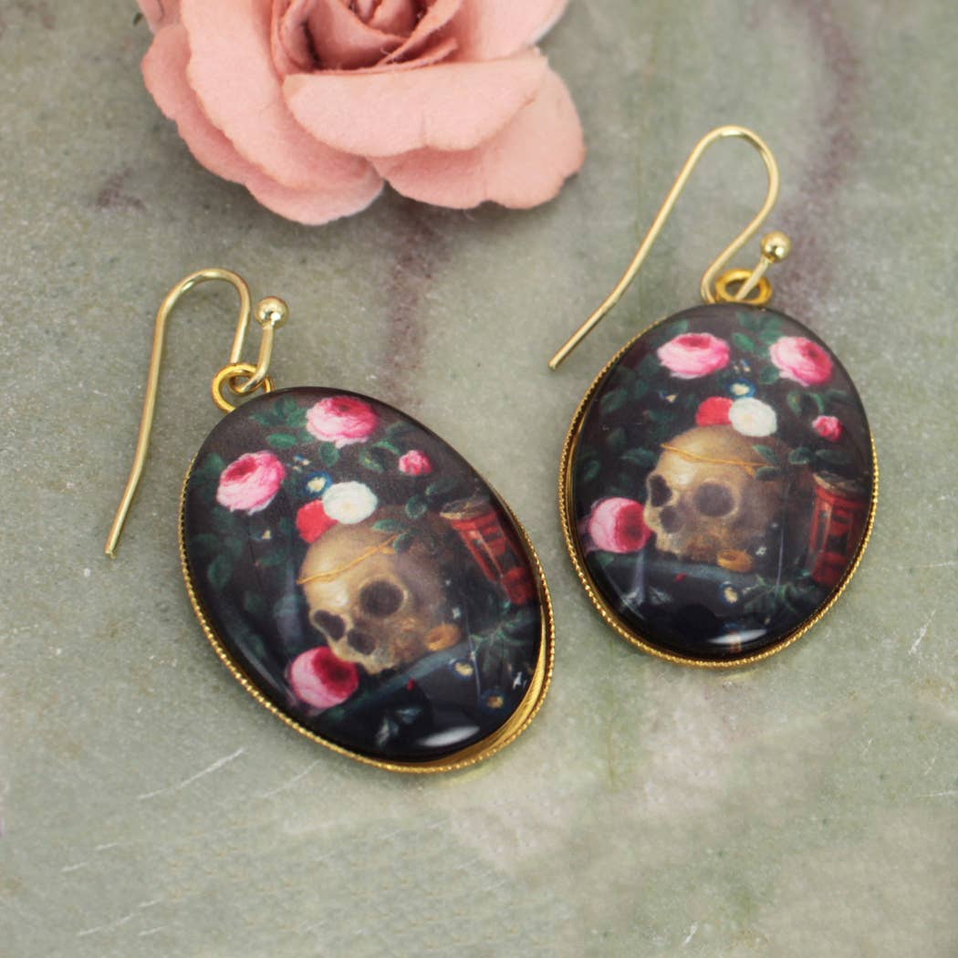 Skull Print Gold Oval Fine Art Earrings