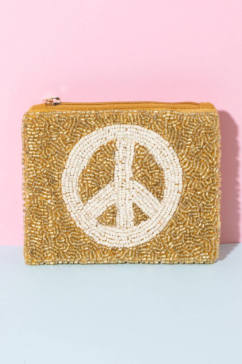 Gold Peace Sign Beaded Coin Purse