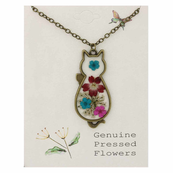 Vintage Floral Feline Dried Flower Necklace