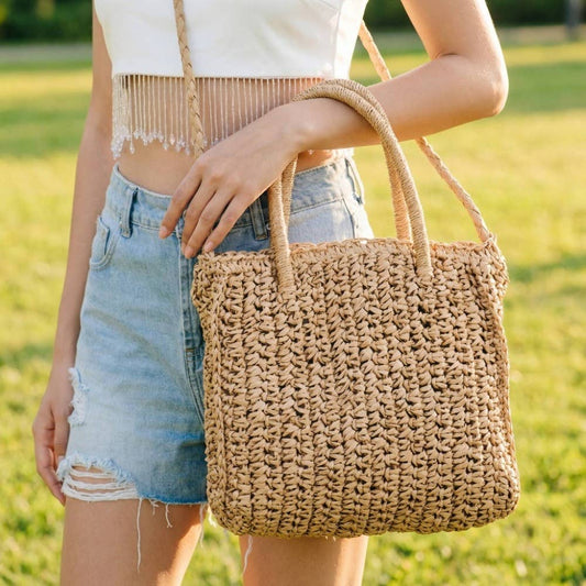 Raffia Braided Square Tote Bag