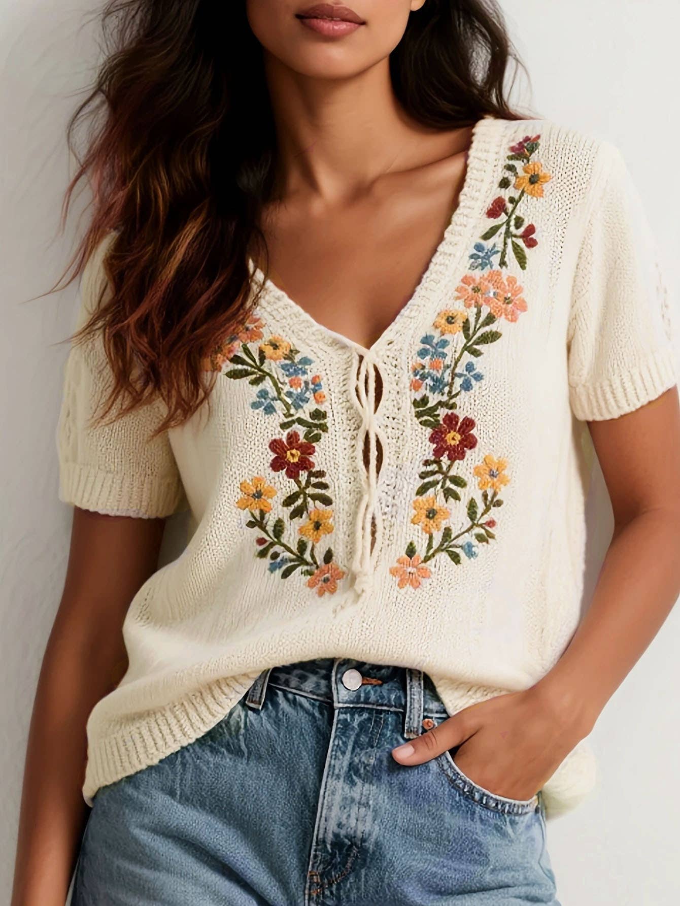 Knitted Bohemian Embroidered Flower Top
