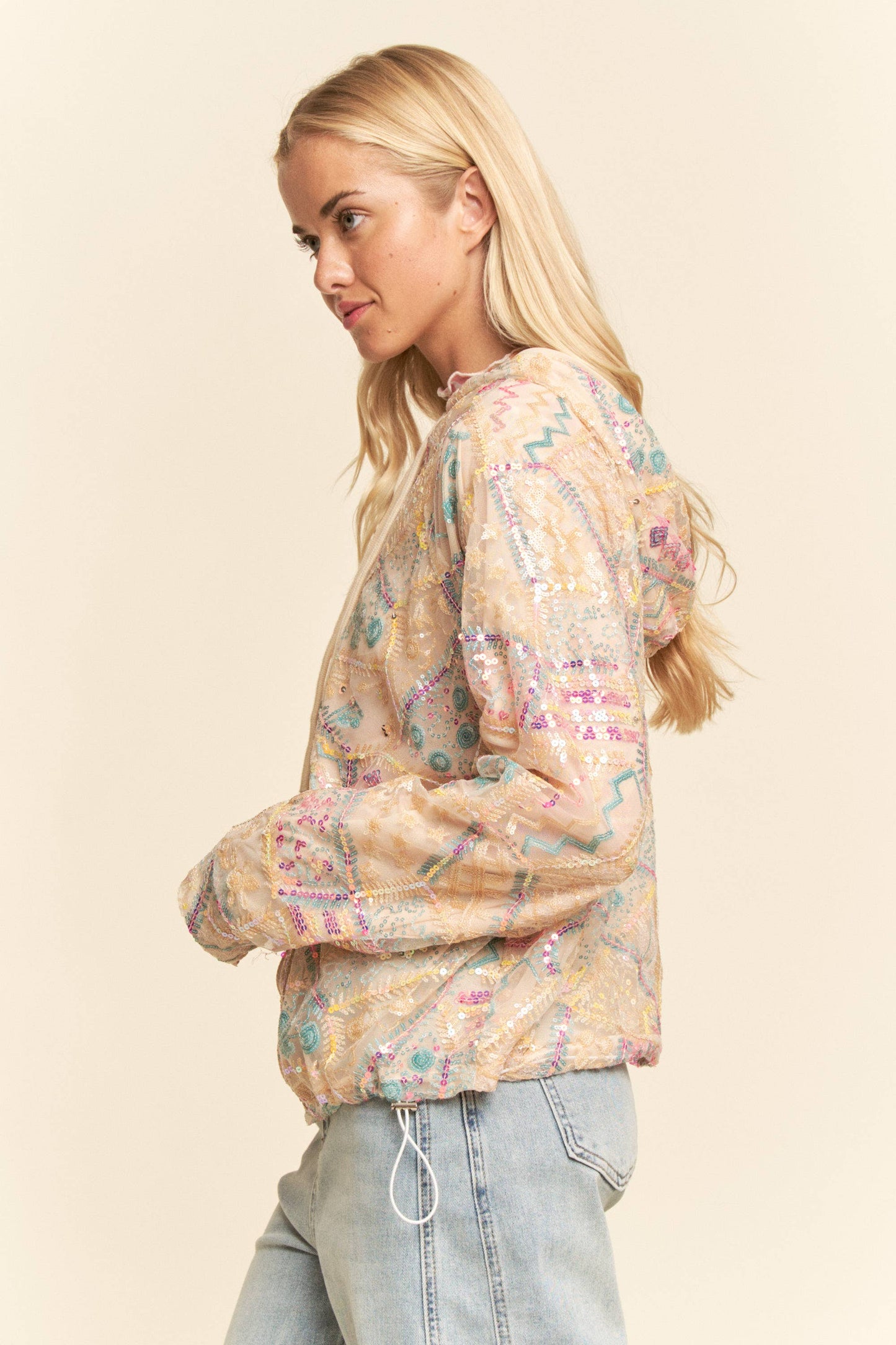 Sequin Embroidered Mesh Zip Up