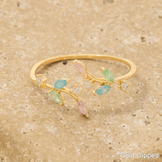 Gold Dipped Cz Colorful Leaf Wrap Ring