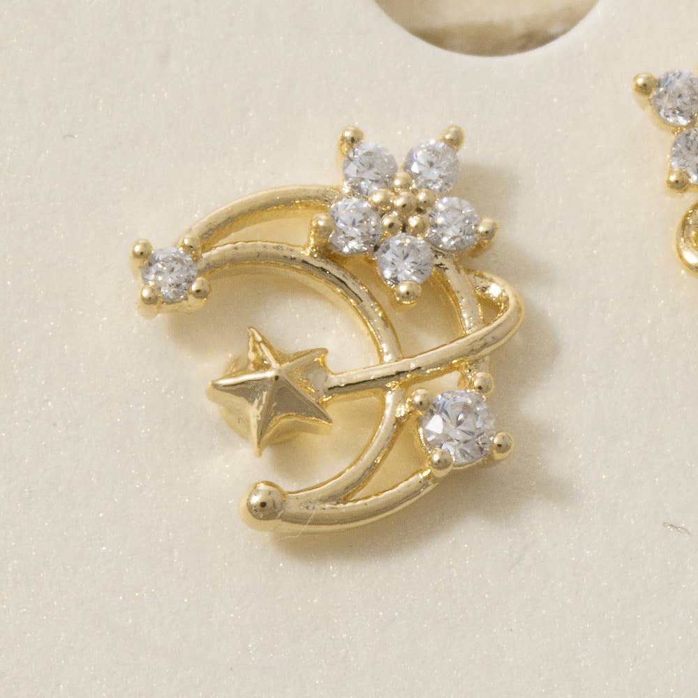 Gold Cz Moon Cluster Stud Earrings
