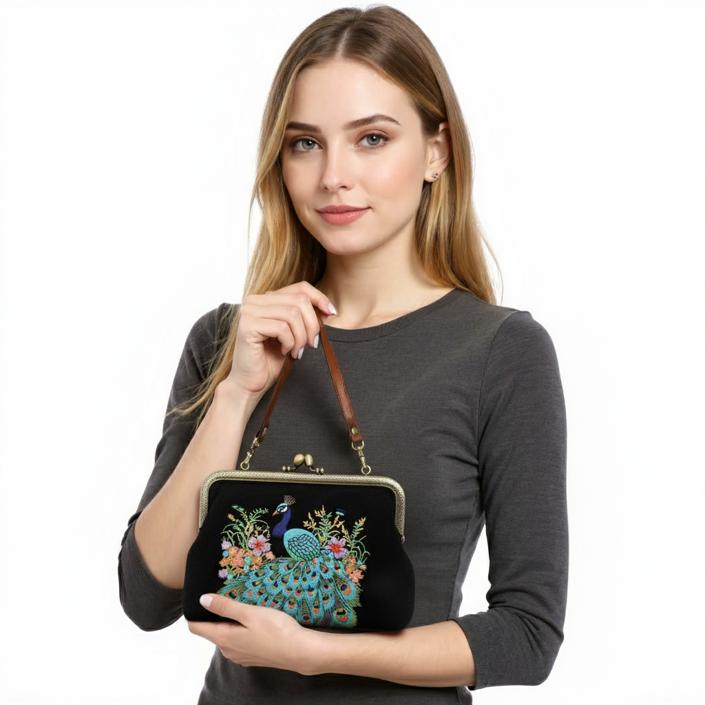 Peacock Embroidered Kisslock Bag