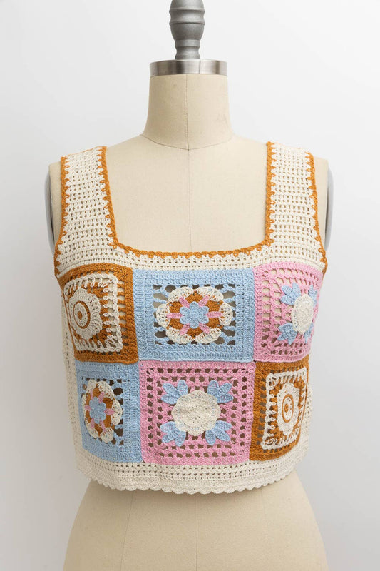 Embroidered Floral Mosaic Crochet Top
