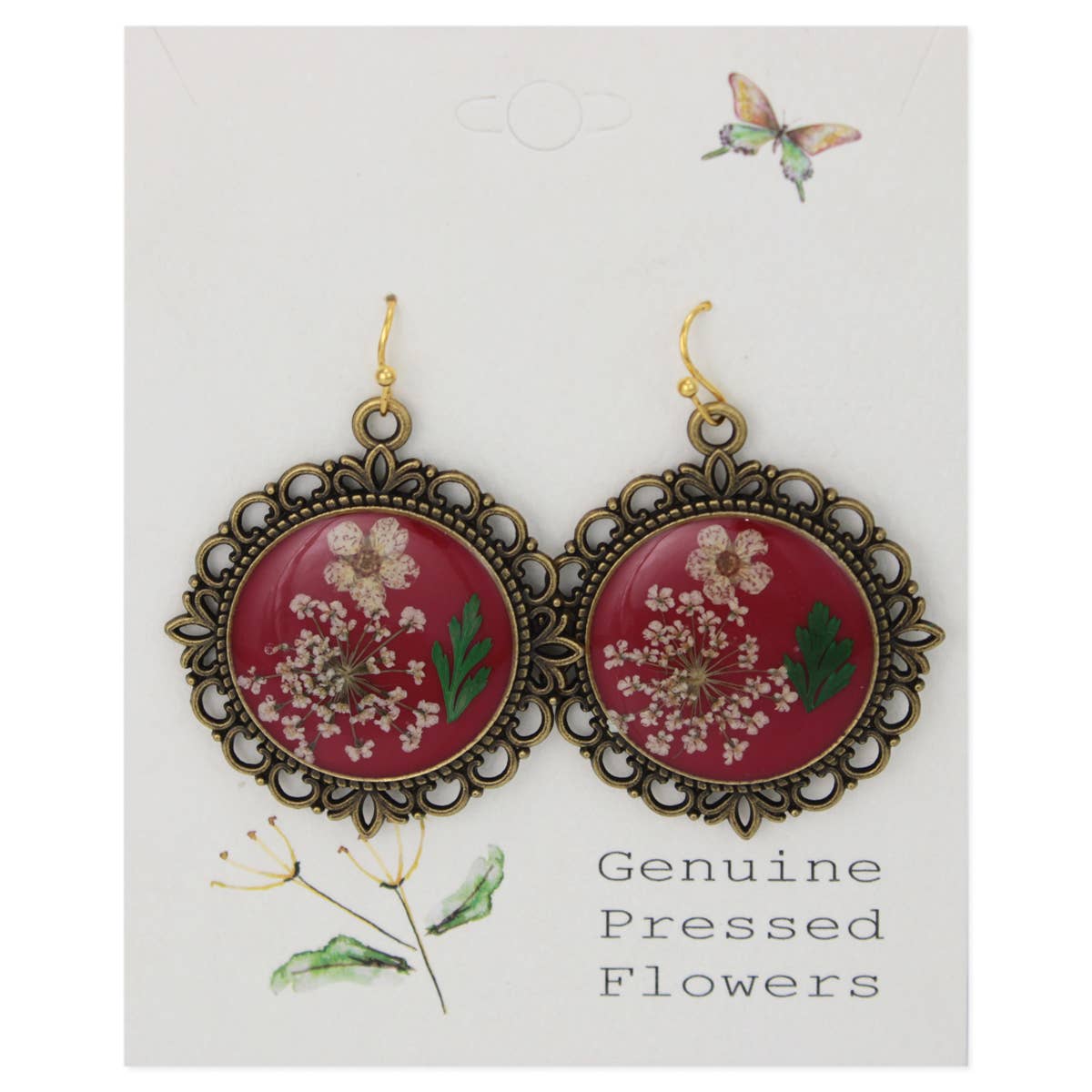Antique Gold Dried Flower Red Cameo Earrings
