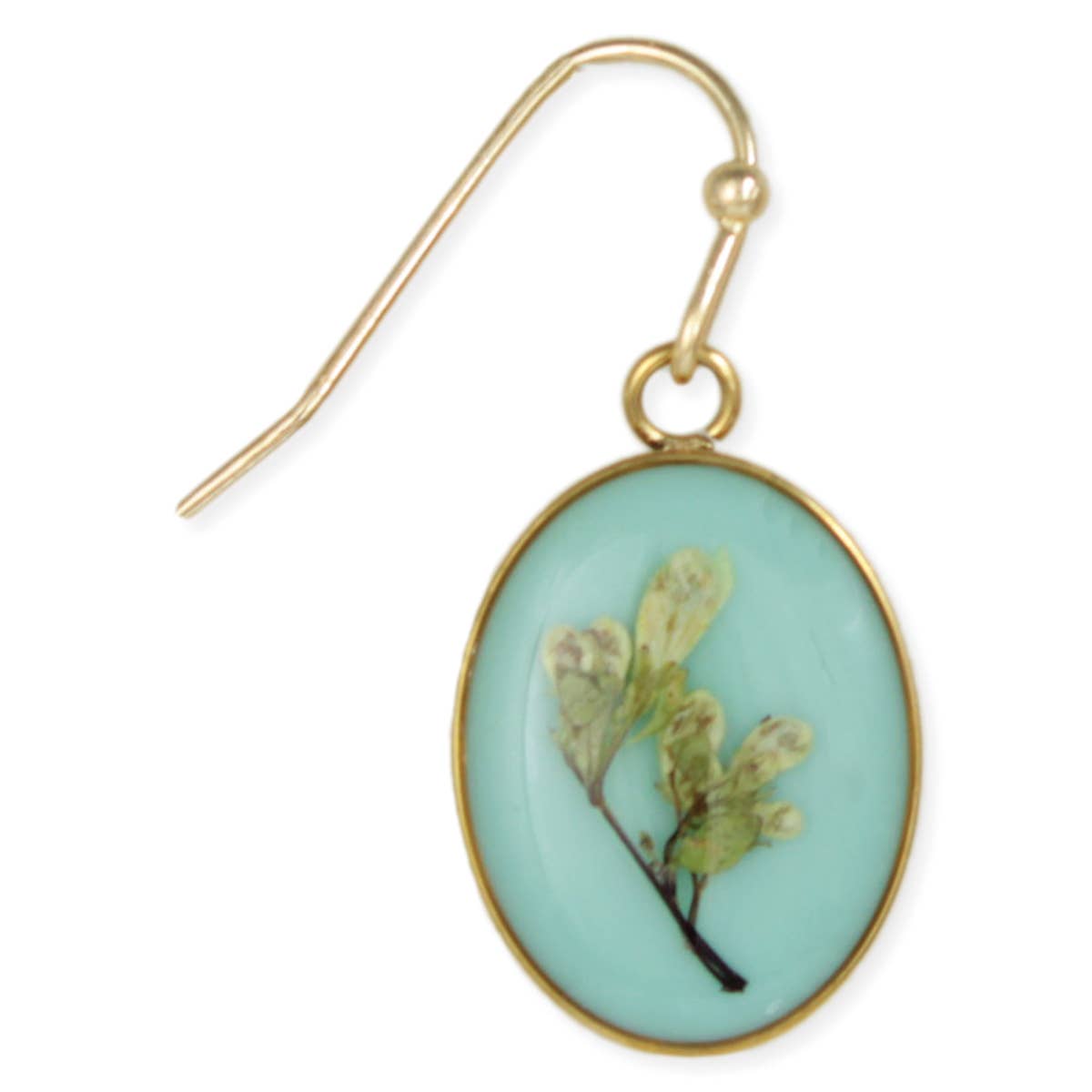 Blue Oval Gold Dried Flower Earrings