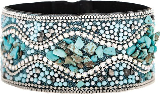 Gold Turquoise Stone and Bead Inlaid Magnetic Bracelet