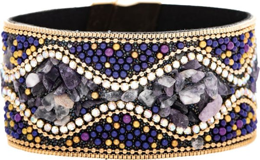 Gold Amethyst Stone and Bead Inlaid Magnetic Bracelet