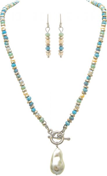 Silver Blue Faux Pearl Toggle Necklace Set