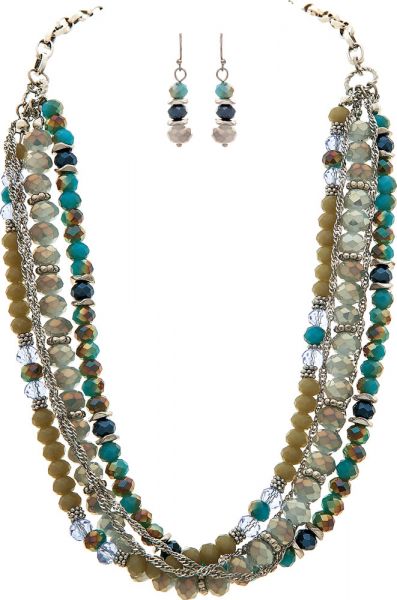 Silver Blue Beads Layered Necklace Set