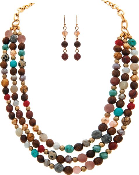 Gold Turquoise Brown Stone Bead Layer Necklace Set