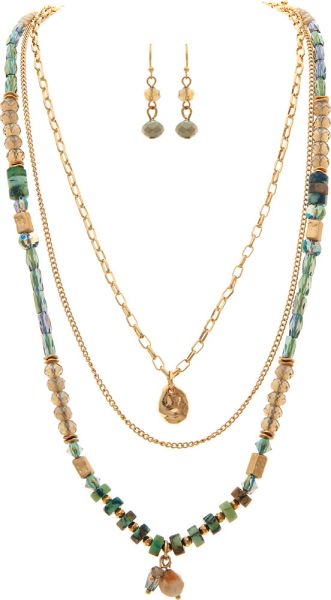Layered Gold Green Glass Bead Necklace Set