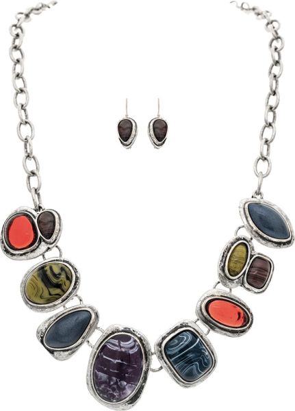 Silver Gemlike Multicolor Stones Necklace Set