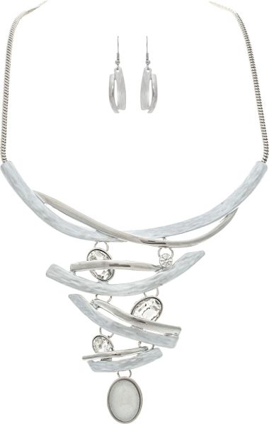 Silver Crystal Gems Waves Bib Necklace Set