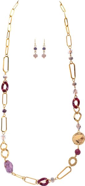 Gold Link Purple Chunky Bead Long Necklace Set