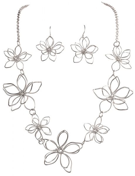 3D Silver Flower Wire Necklace Set