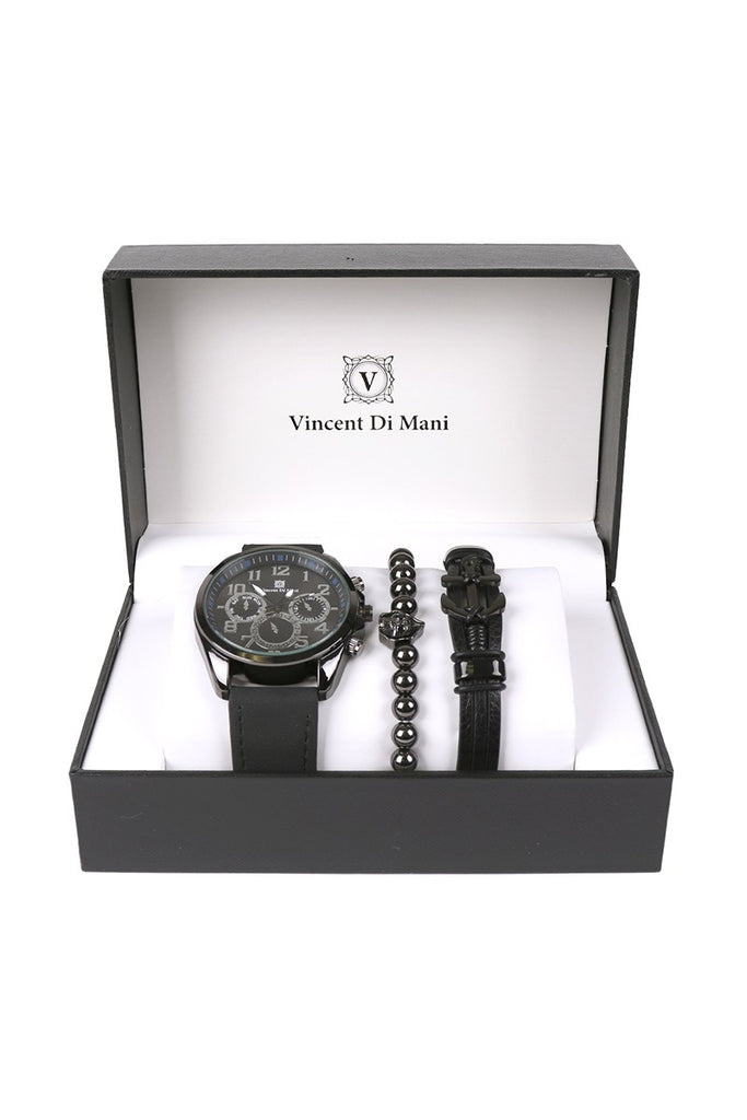 Men's Watch & Bracelet Gift Set Black