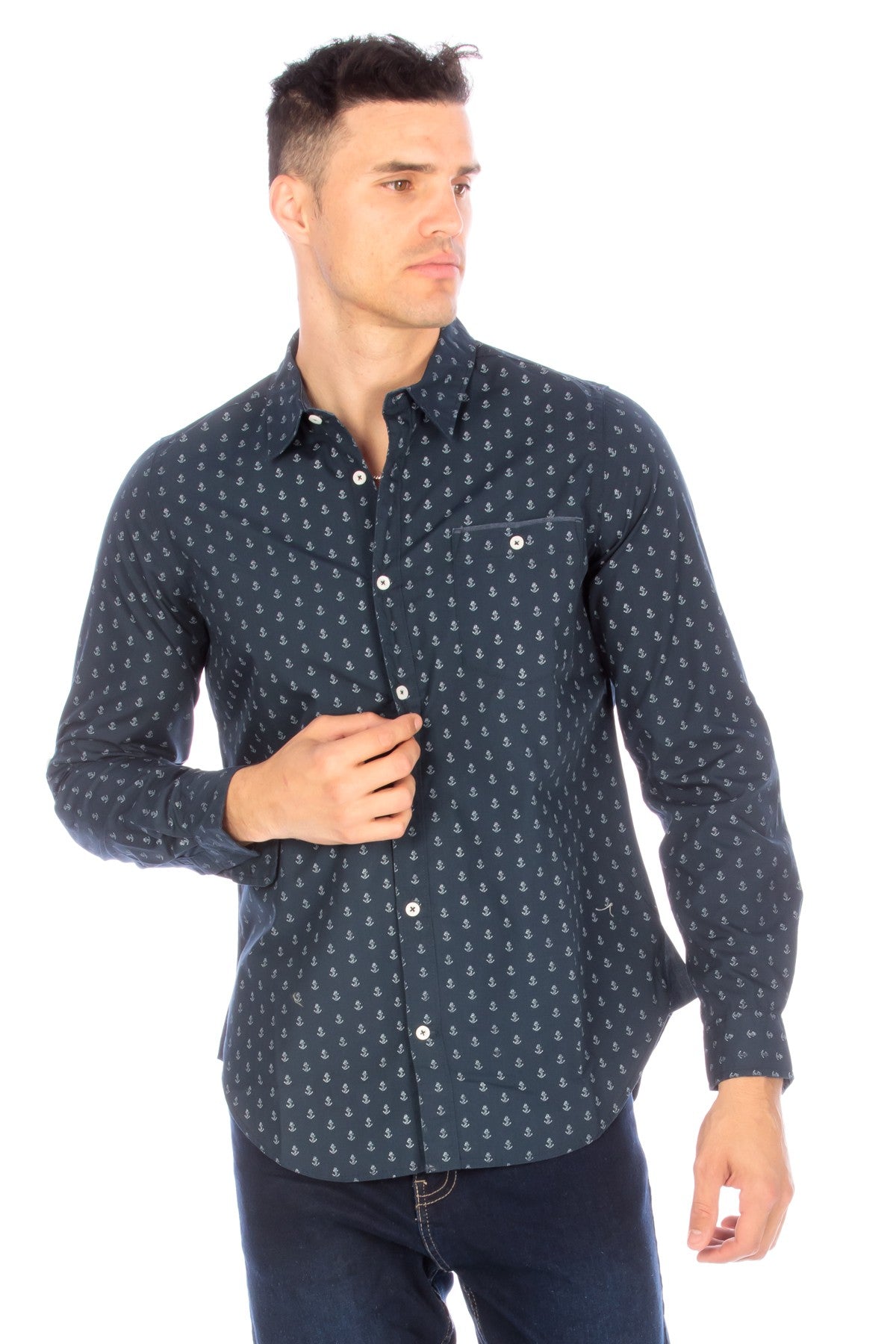 Men's Navy Long Sleeve Button Up