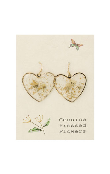 Queen Anne's Lace Dried Flower Heart Earrings