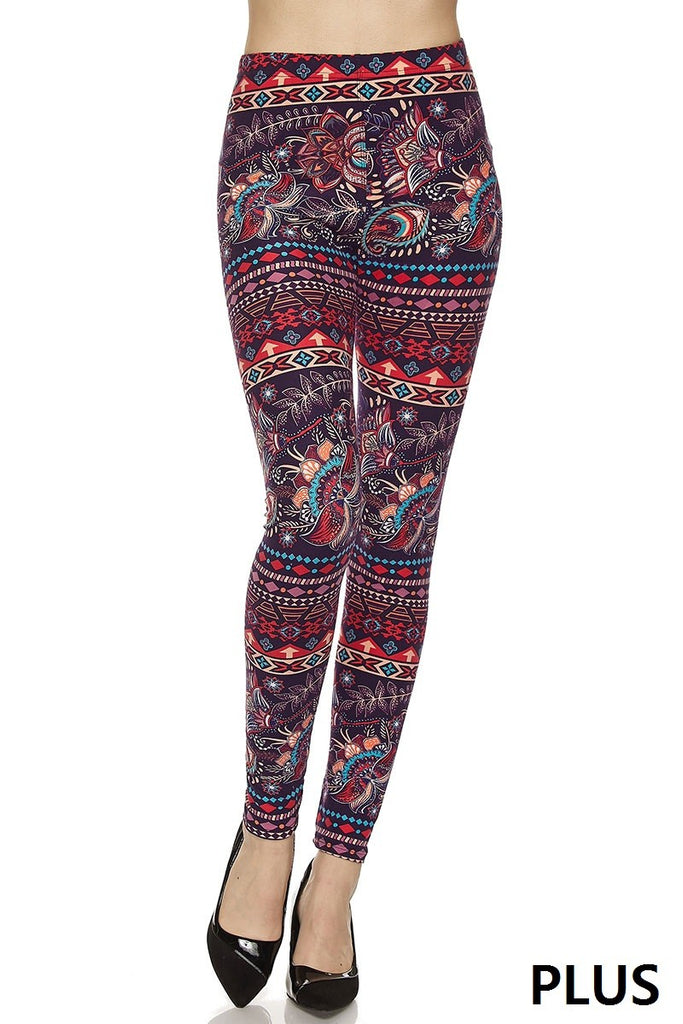 Plus Size Paisley & Feather Print Leggings