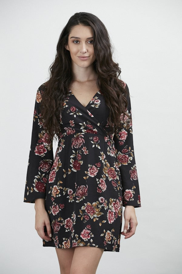 Black Floral Print Wrap Dress