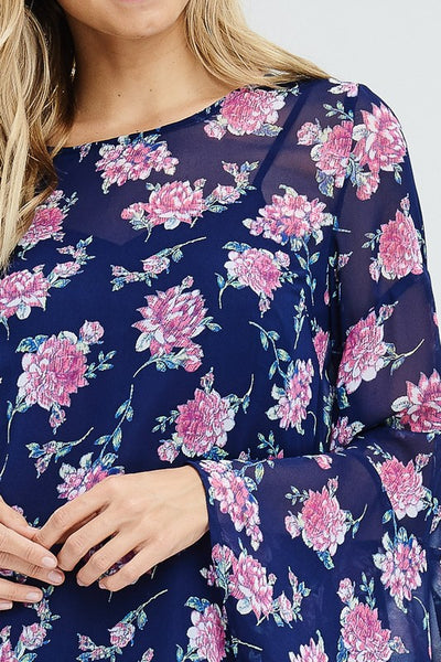 Floral Bell Sleeve Chiffon Top w/ Cami Slip