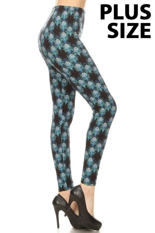 Plus Size Peacock Feather Leggings
